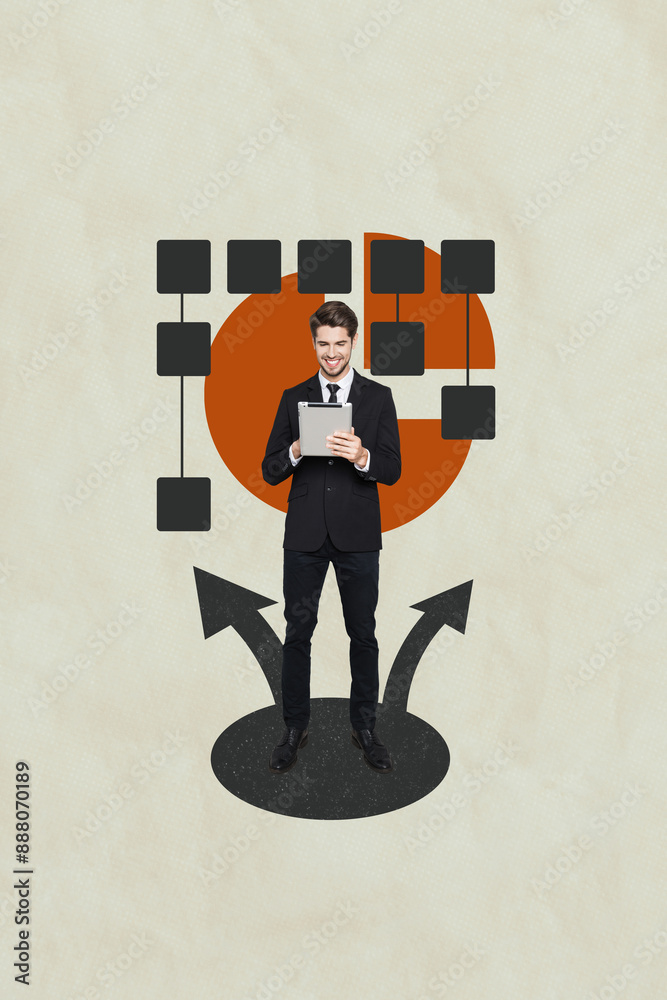 Poster artwork collage image of nice happy man browsing ipad reading news isolated on drawing background