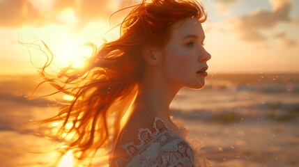 A woman with long red hair stands on the beach, looking out at the ocean
