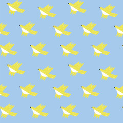 Seamless textured pattern with yellow birds on bluish background