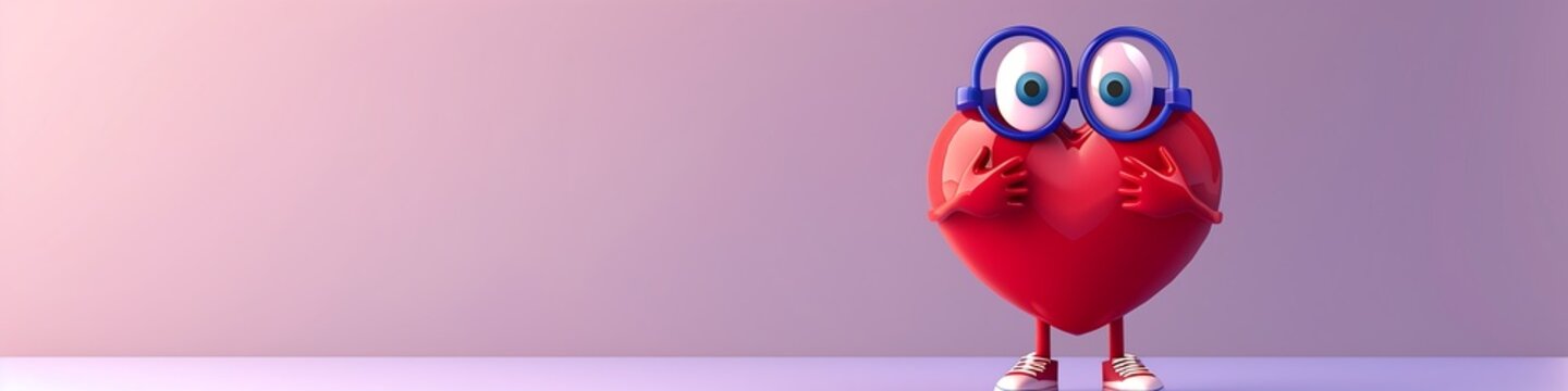 cute 3D red heart character with glasses, concept for social medai, social support, health care, medical help and cardiology, free space for text