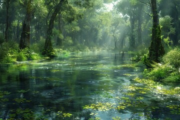 Fantasy land of tree forest swap illustration, nature water landscape of swamp.