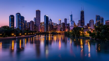 Fototapeta premium Serene Cityscape at Dusk with Glowing Lights and Calm River Reflections
