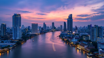 Fototapeta premium Serene cityscape at dusk with glowing lights reflecting on a calm river,picturesque urban beauty at