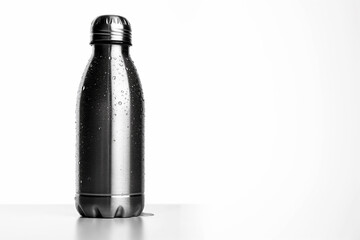 A single, stainless steel water bottle, condensation dripping down its cool surface, stands alone on a crisp white background. Perfect for health, fitness, hydration, and clean living concepts.