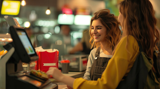 Fast food cashier serving cheerful customers