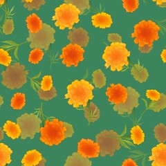 Marigold on green Background. Seamless pattern. Indian holiday Diwali. The illustration with traditional flowers. Can be used as romantic background for web pages, wedding invitations, greeting cards.