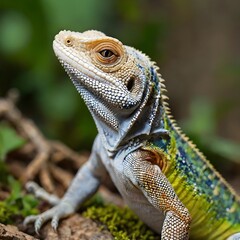 A close-up shot of a lizard's skin texture and eye with a blurred natural background 