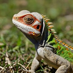 A close-up shot of a lizard's skin texture and eye with a blurred natural background 