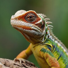 A close-up shot of a lizard's skin texture and eye with a blurred natural background 
