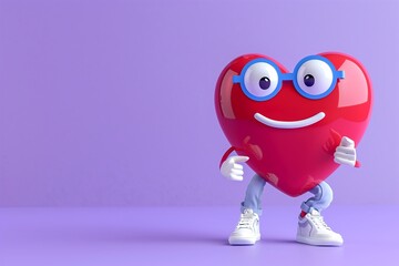 Obraz premium cute 3D red heart character with glasses, concept for social medai, social support, health care, medical help and cardiology, free space for text