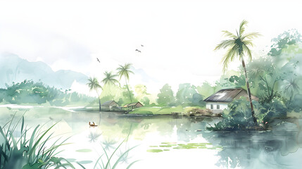 Watercolor landscape of Vietnam
