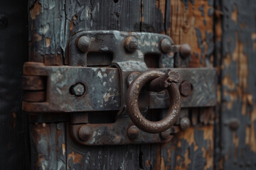 Close-up of a rusty lock on an old weathered door.
