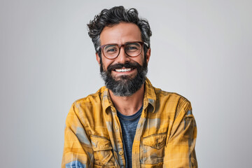 Fototapeta premium An elderly man with a warm smile poses confidently with his arms crossed, wearing a jacket. His relaxed demeanor and gentle expression reflect wisdom and contentment.