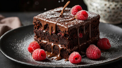 Capture the essence of fun with 8K images of rich chocolate brownie slices topped with fresh raspberries