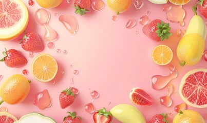 Cute 3d Style, Bright Pastel Tone Background, Delicious-Looking Fruits, Advertising Banner Design with White Space, 