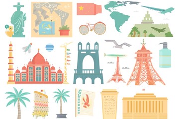 Fototapeta premium Colorful cartoon icons representing various travel destinations and landmarks.