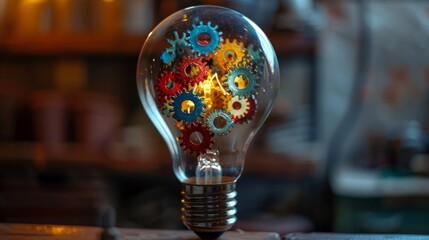 light bulb with colorful gears and cogs inside, representing the concept of creativity and thinking differently