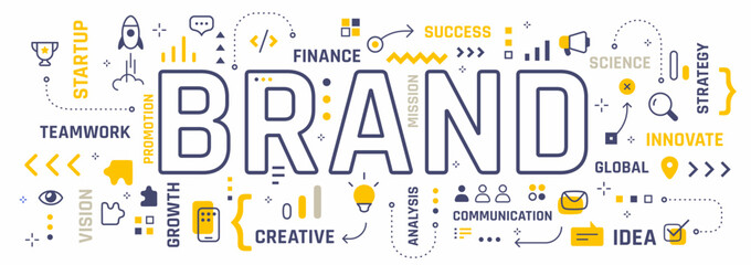 Vector creative illustration of brand word typography on white color background. Brand business infographic concept with line icon, word cloud. Line art style design