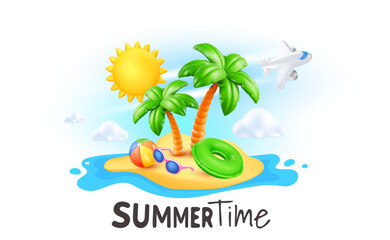 Vector summer illustration of tropical island with palm tree and ball on sunny sea beach background. 3d style cartoon design of summer holidays. Summer time with air plane