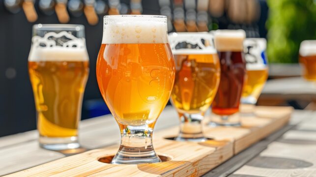 2 Close-up of a craft beer flight on a wooden table at a lively festival, beer, craft, festival