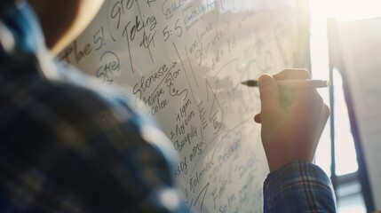 Software developer is adding notes to a whiteboard full of ideas during a brainstorming session