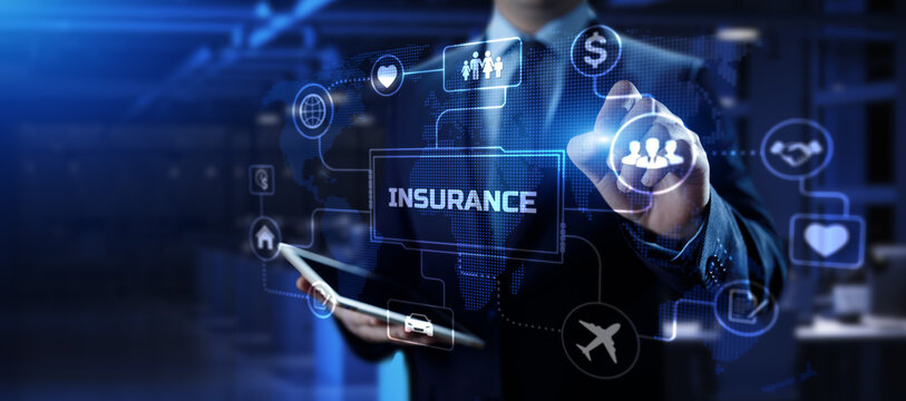Insurance Insurtech. Businessman pressing button on screen.