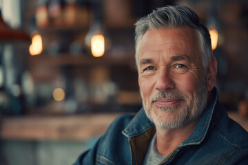 Smiling Elderly Man in Cozy Caf&eacute; Setting