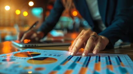 Fototapeta premium Close-up of a businessman's hands reviewing financial charts at night.