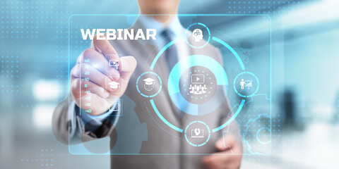 Webinar online learning education concept. Businessman pressing button on screen.