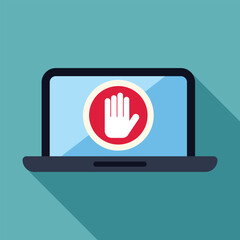 Laptop is showing a stop sign with a hand, warning about security issues