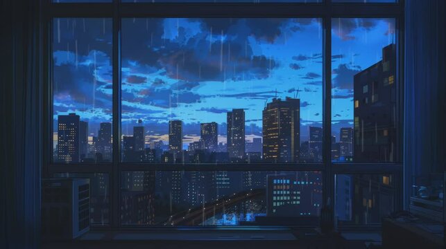 Lofi animation, cityscape with tall buildings at dusk. Rain is falling and the sky is dark with clouds, Seamless and infinite looping 4K video animation background footage