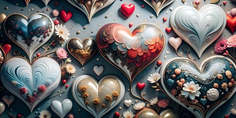 Fototapeta premium A collection of hearts with flowers and other decorations