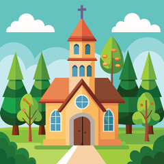 with church and green trees cartoon vector illustration