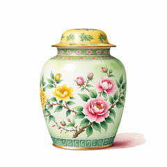 Famille Rose Porcelain Jar. Watercolor on white Background.
