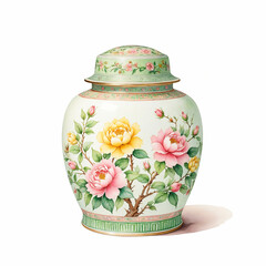 Famille Rose Porcelain Jar. Watercolor on white Background.