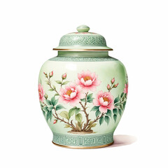Famille Rose Porcelain Jar. Watercolor on white Background.