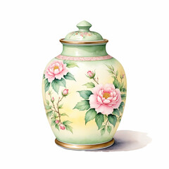 Famille Rose Porcelain Jar. Watercolor on white Background.