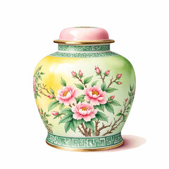 Famille Rose Porcelain Jar. Watercolor on white Background.