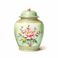 Famille Rose Porcelain Jar. Watercolor on white Background.