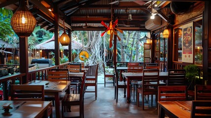 Fototapeta premium Warm Outdoor Dining Experience at a Thai Som Tum Restaurant with Grilled Chicken