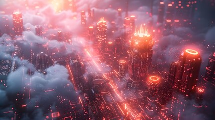 Fototapeta premium Mesmerizing Futuristic Cityscape with Glowing Skyscrapers and Illuminated Skyline at Night