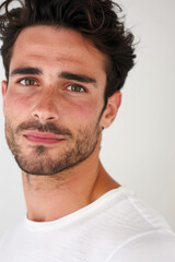 Obraz premium portrait of a man with dark hair and stubble against a white background