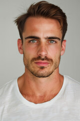 Fototapeta premium headshot of an attractive man wearing a white t-shirt with a serious look