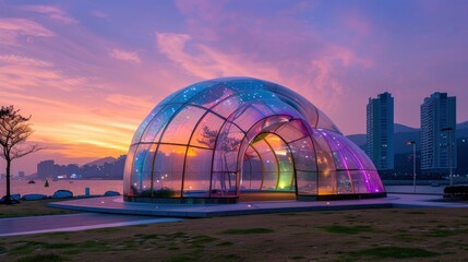 Fototapeta premium As the sun sets in Busan, South Korea in Asia, a colorful sky capsule appears