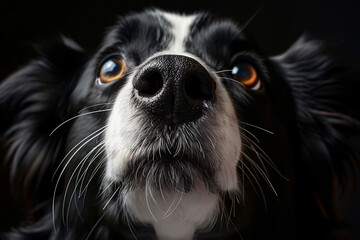 photo of a border collie dog facing up looking with cute eyes on a black background, view from below in a close-up.