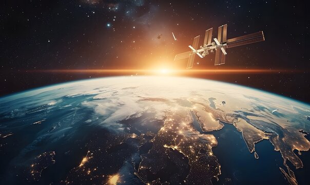 Space Station Orbiting Earth at Sunrise