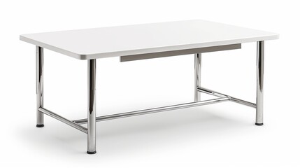 Modern White Office Desk with Chrome Legs and Drawer Isolated on White