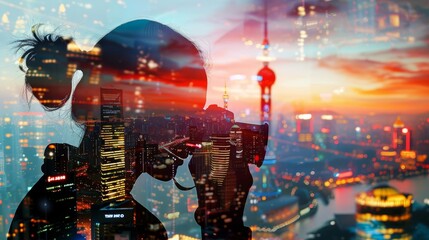 Obraz premium A photographer in a creative studio, diverse city scenes, iconic landmarks close up, focus on, copy space, vibrant colors, Double exposure silhouette with photography elements