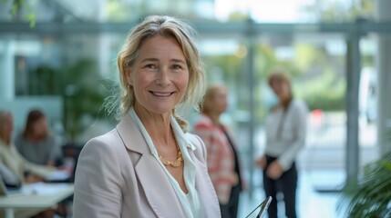 Fototapeta premium Stylish business woman holding a tablet pc while smiling at the camera. Mature woman standing in the office, her colleagues working behind her.