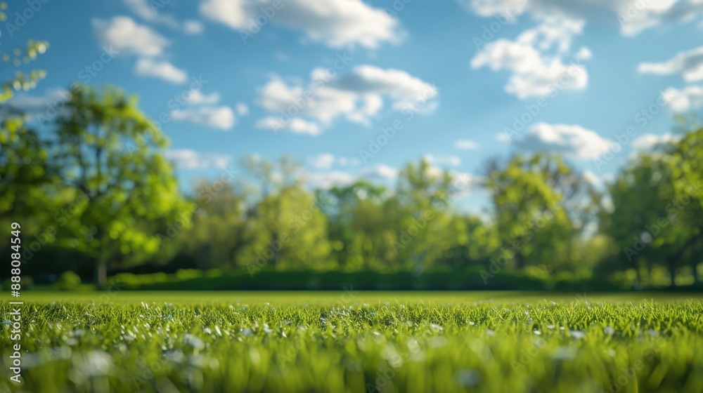 Sticker On a sunny day, a neatly trimmed lawn is shown against a backdrop of trees and a blue sky with clouds.